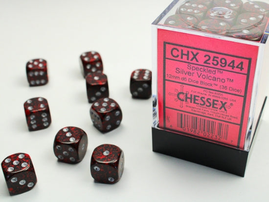 Chessex Speckled Silver Volcano 12mm D6 Dice Block with 36 dice and display case