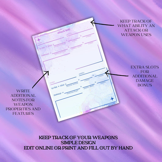 Attack Roll Sheet - printable tabletop RPG resource preview