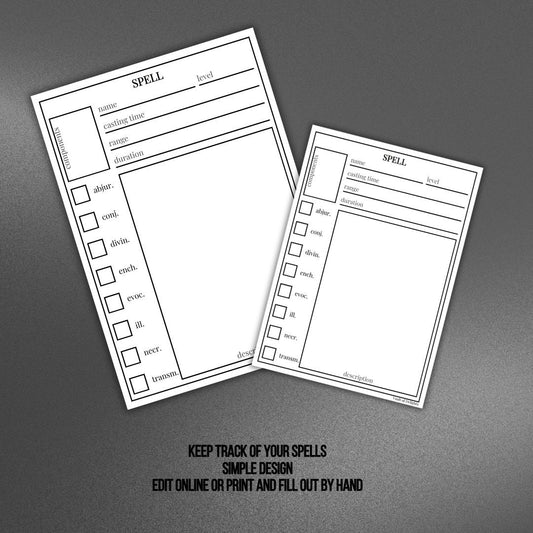 Spell Card - printable tabletop RPG resource preview