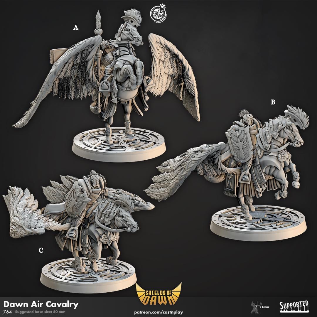 Aasimar Paladin & Fighter on Pegasus Mount Miniature - resin tabletop miniature front view