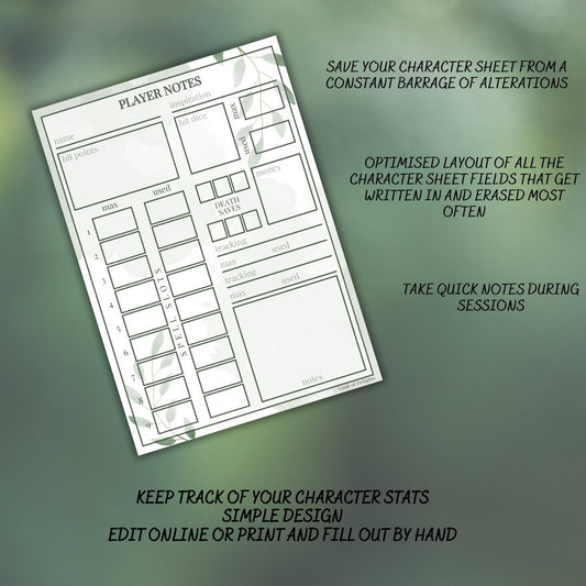 Player Notes Card - printable tabletop RPG resource preview