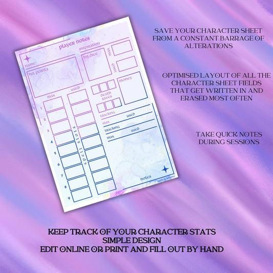 Player Notes Card - printable tabletop RPG resource preview