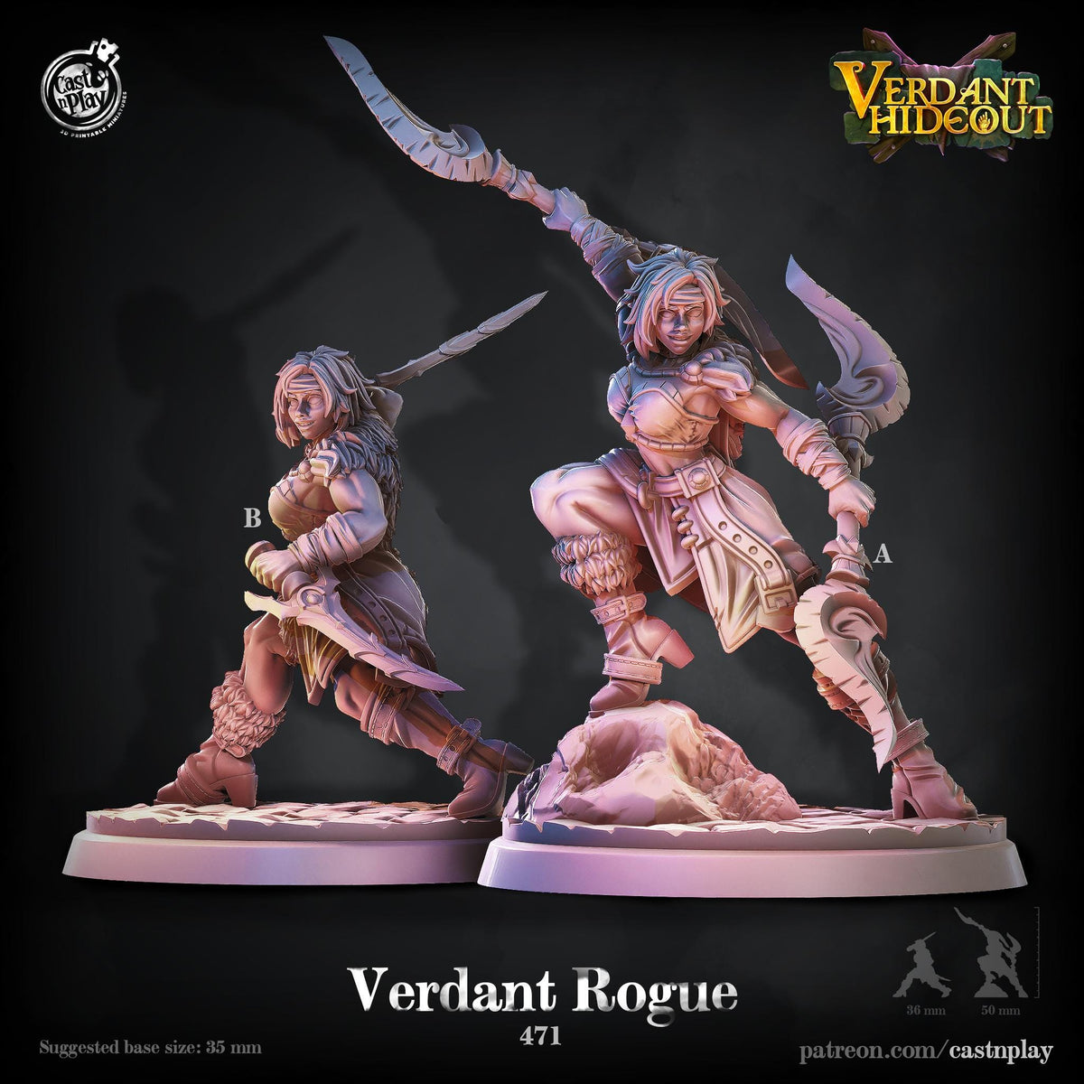 Female Rogue Miniature - resin tabletop miniature front view