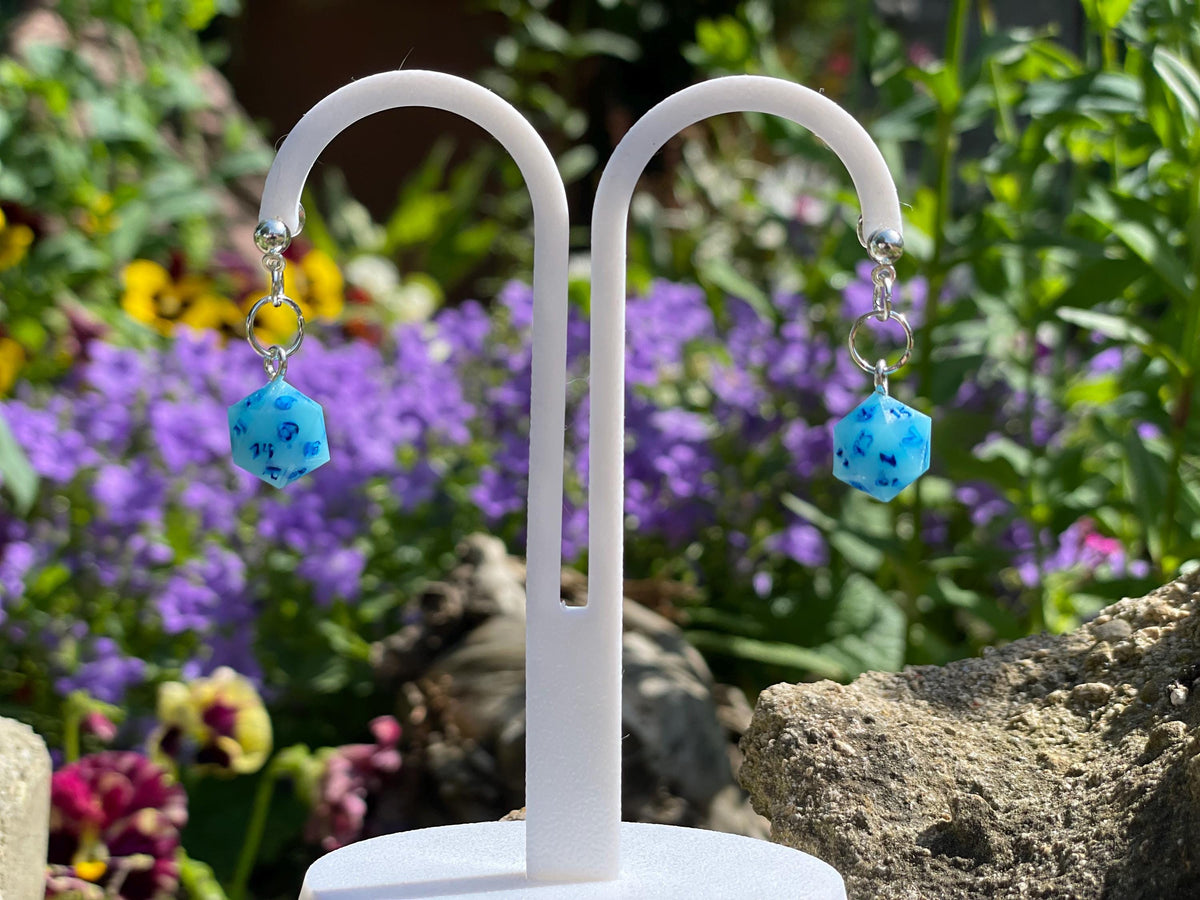 Blue D20 Dice Earrings - resin miniature view 6