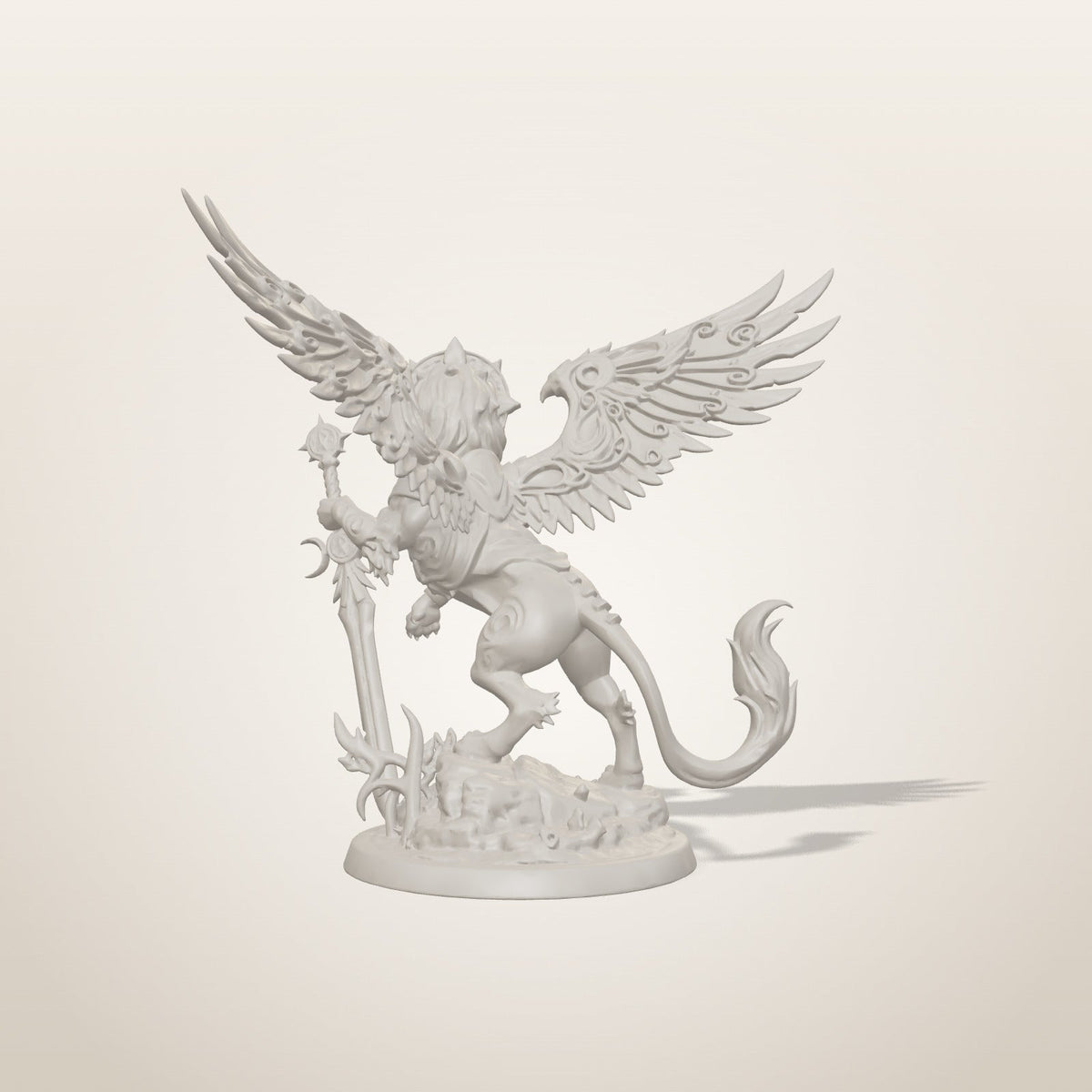 Sphinx miniature — rear studio render of the unpainted sculpt, Late Night Miniatures