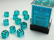 Chessex Translucent Teal/White 12mm D6 Dice Block with 36 dice and display case