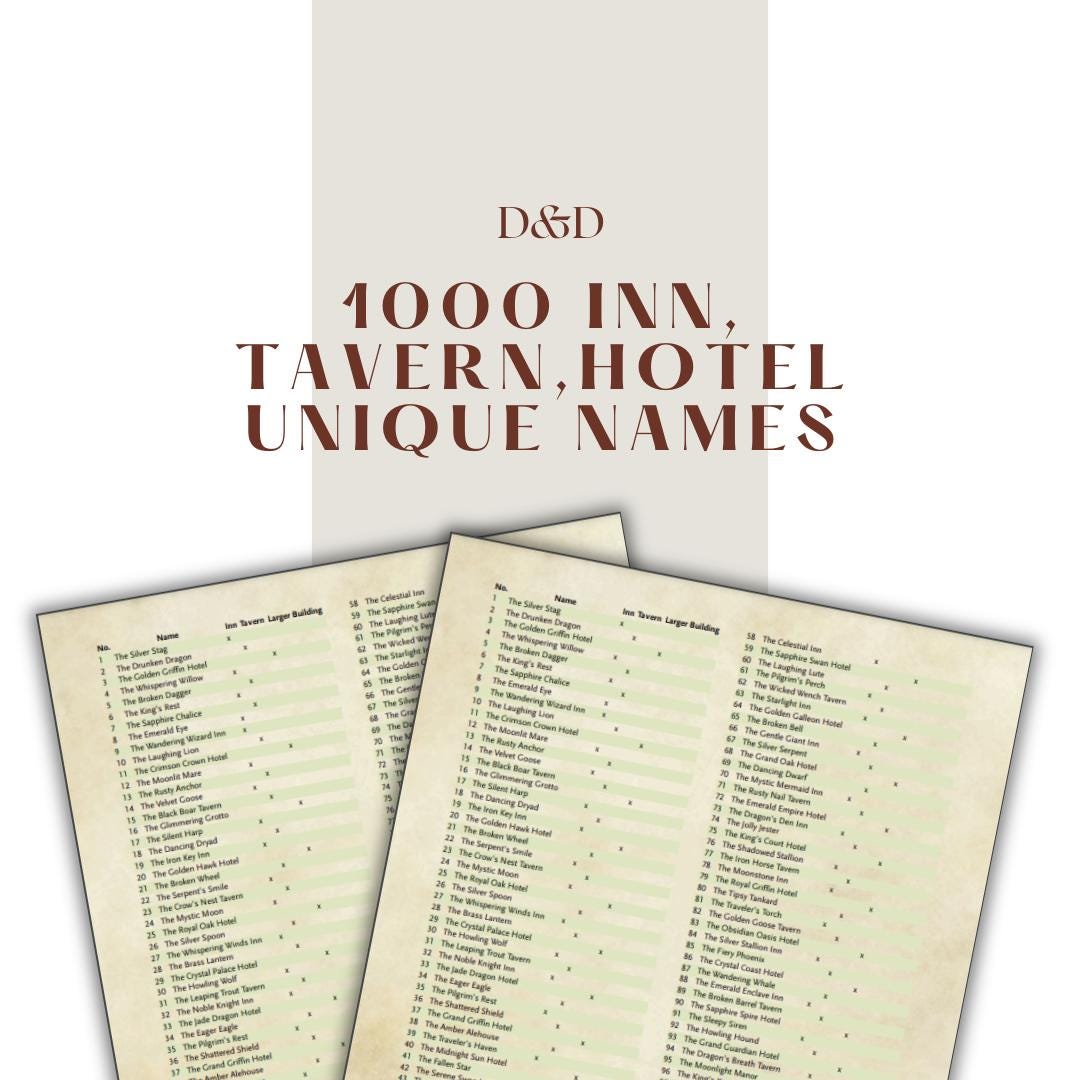 1000 Inn, Tavern & Hotel Unique Names - digital download preview