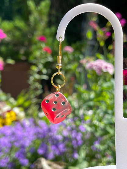 Red D6 Dice Earrings - 3D printed miniature detail view