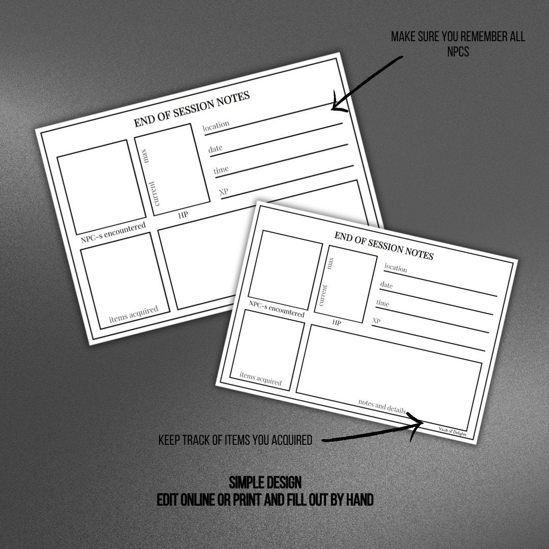 End of Session Notes - printable tabletop RPG resource preview
