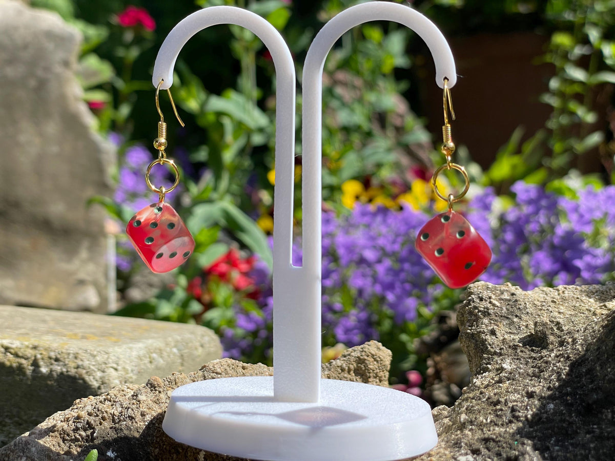 Red D6 Dice Earrings - resin tabletop miniature alternate angle