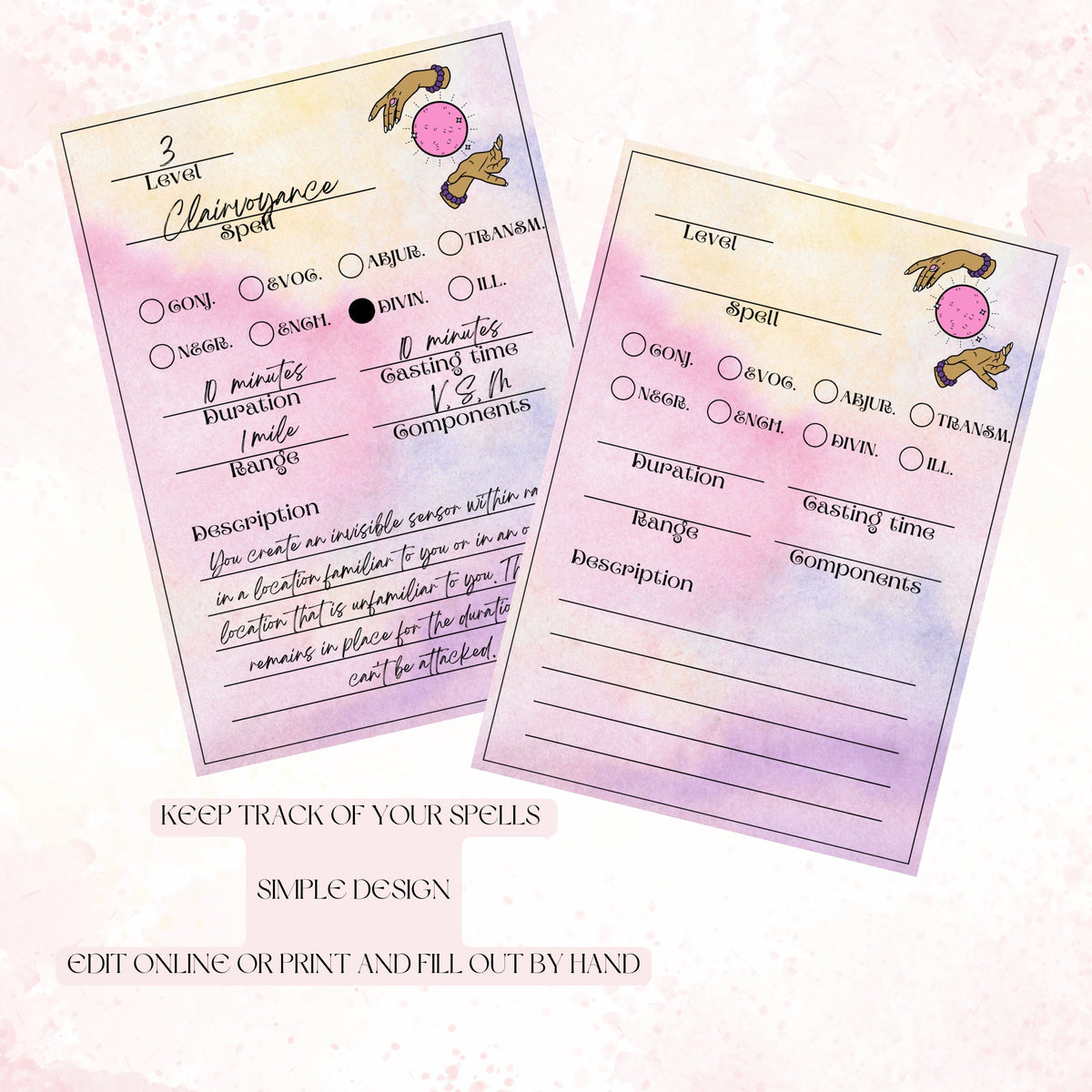 Fillable Spell Cards - printable tabletop RPG resource preview