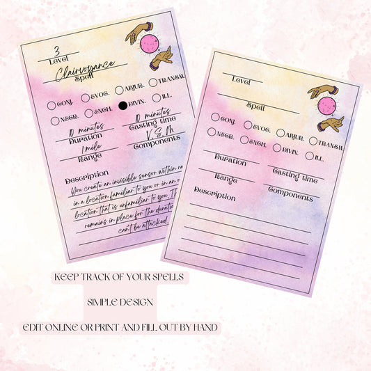 Fillable Spell Cards - printable tabletop RPG resource preview