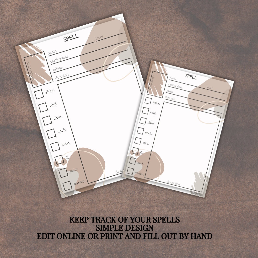 Spell Card - printable tabletop RPG resource preview