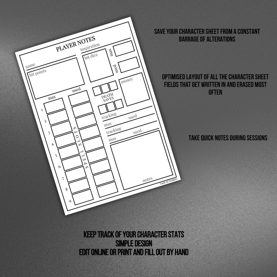 Player Notes Card - printable tabletop RPG resource preview