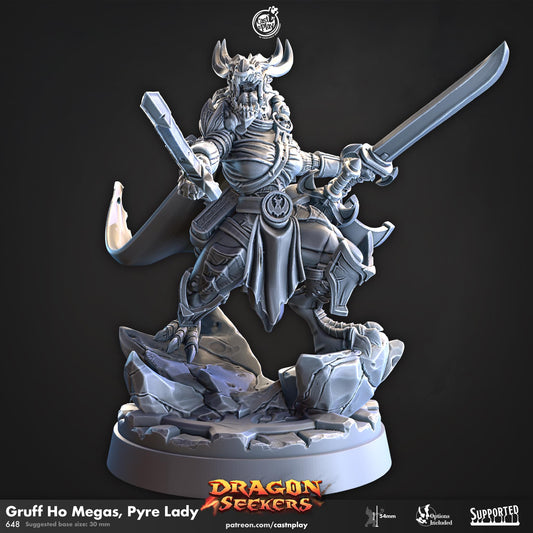Female Dragonborn Barbarian Miniature - resin tabletop miniature front view