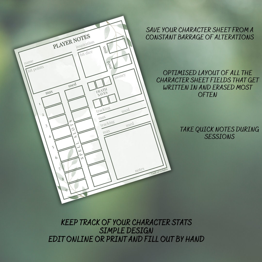 Player Notes Card - printable tabletop RPG resource preview
