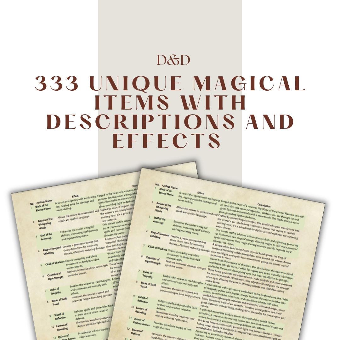 333 Unique Magical Items with Descriptions and Effects - digital download preview
