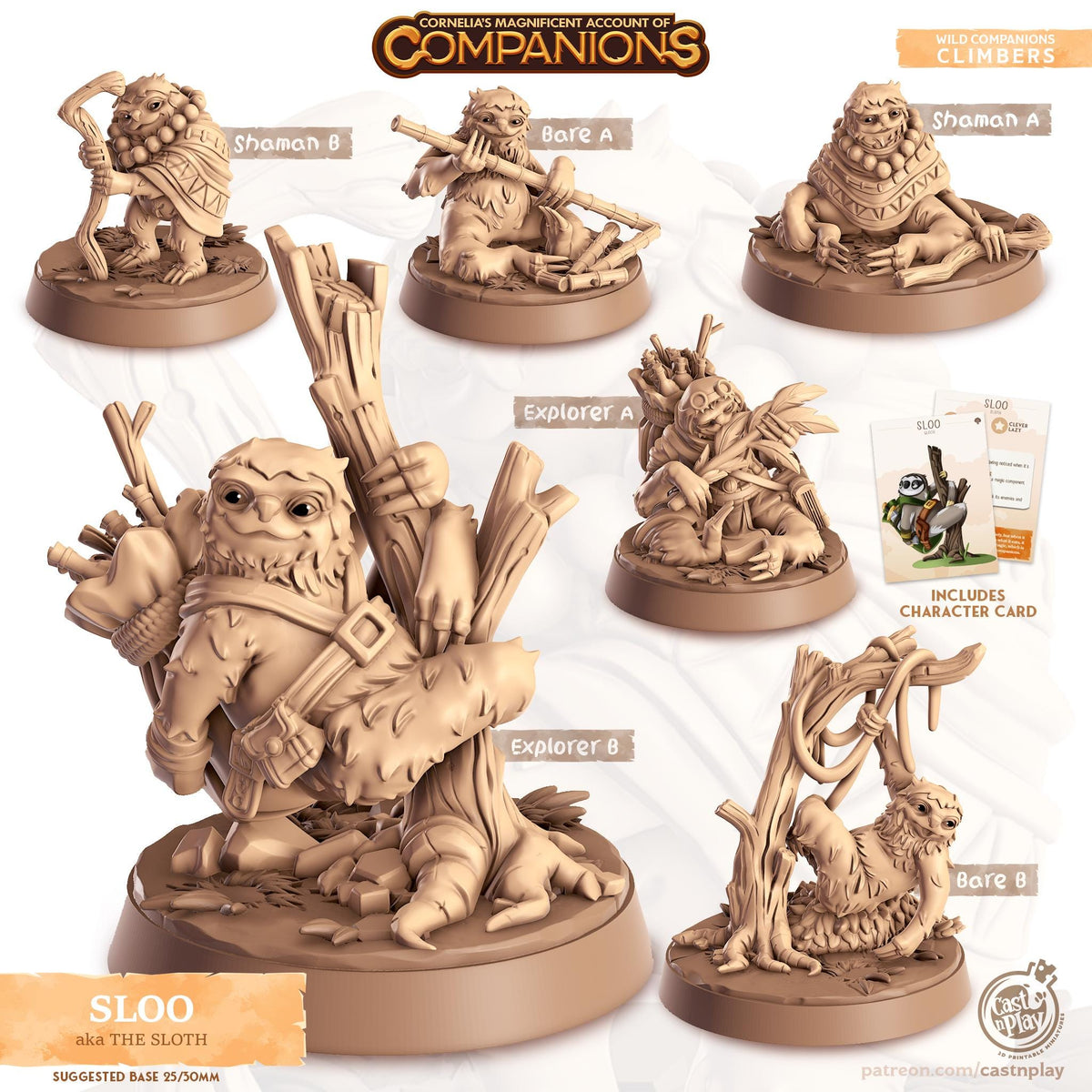 Sloth Animal Companion Miniature - resin tabletop miniature front view