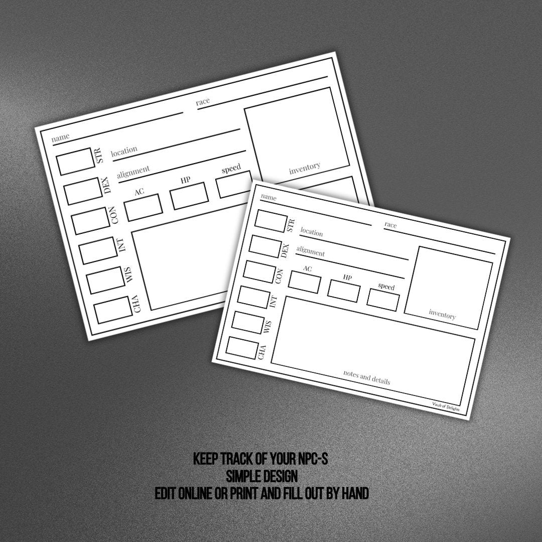 Fillable NPC Cards - printable tabletop RPG resource preview