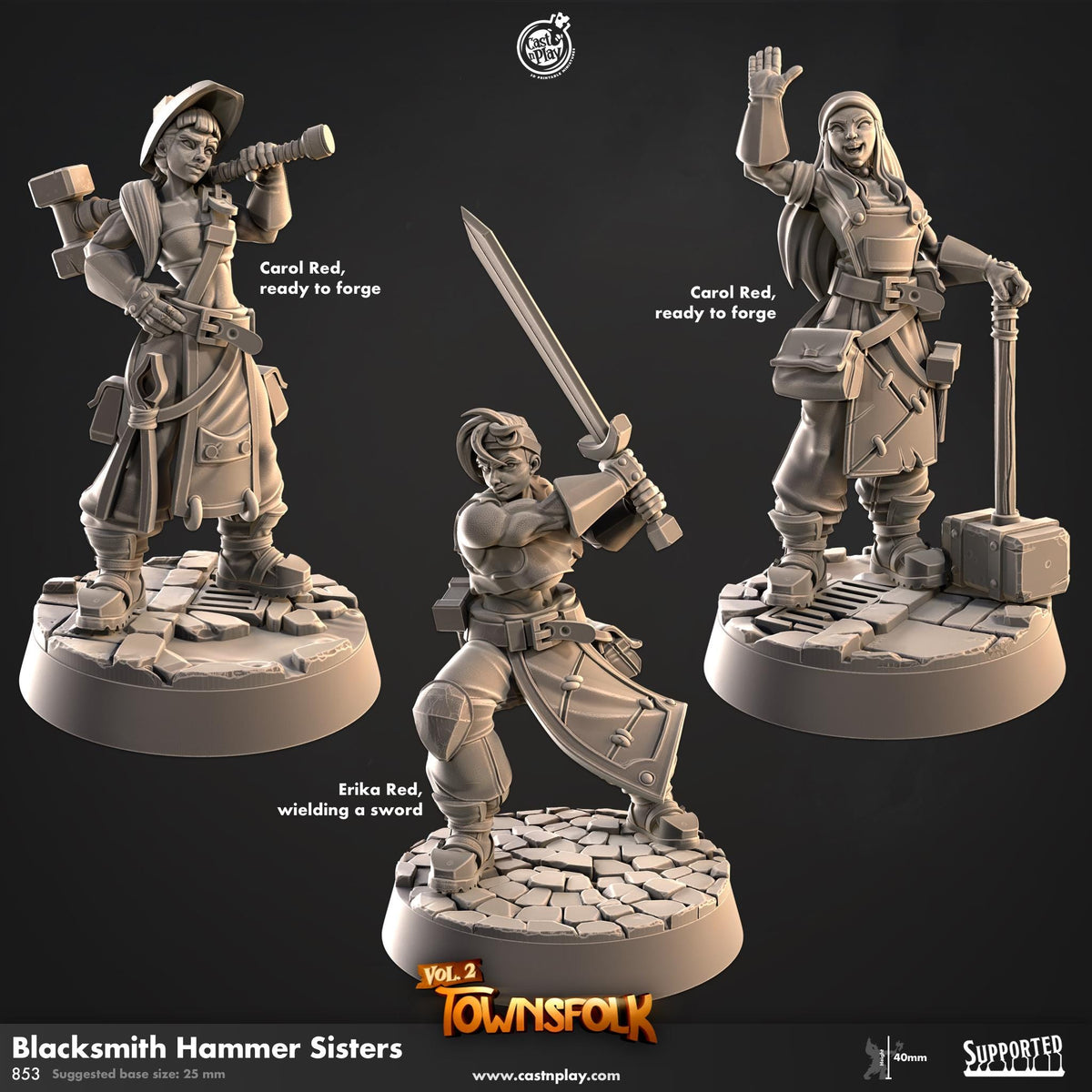 Human Female Fighter & Blacksmith Miniature - resin tabletop miniature front view