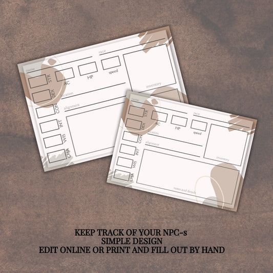Fillable NPC Cards - printable tabletop RPG resource preview