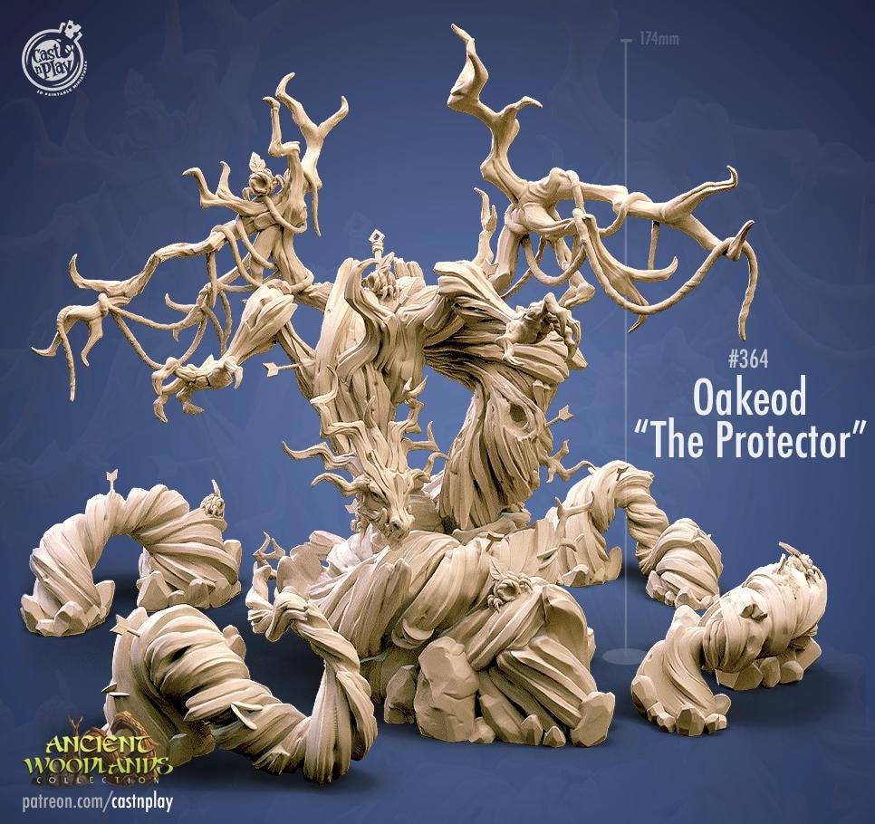 Oakeod the Protector by Cast n Play, unpainted sculpt render; artist reference size is not a confirmed print size