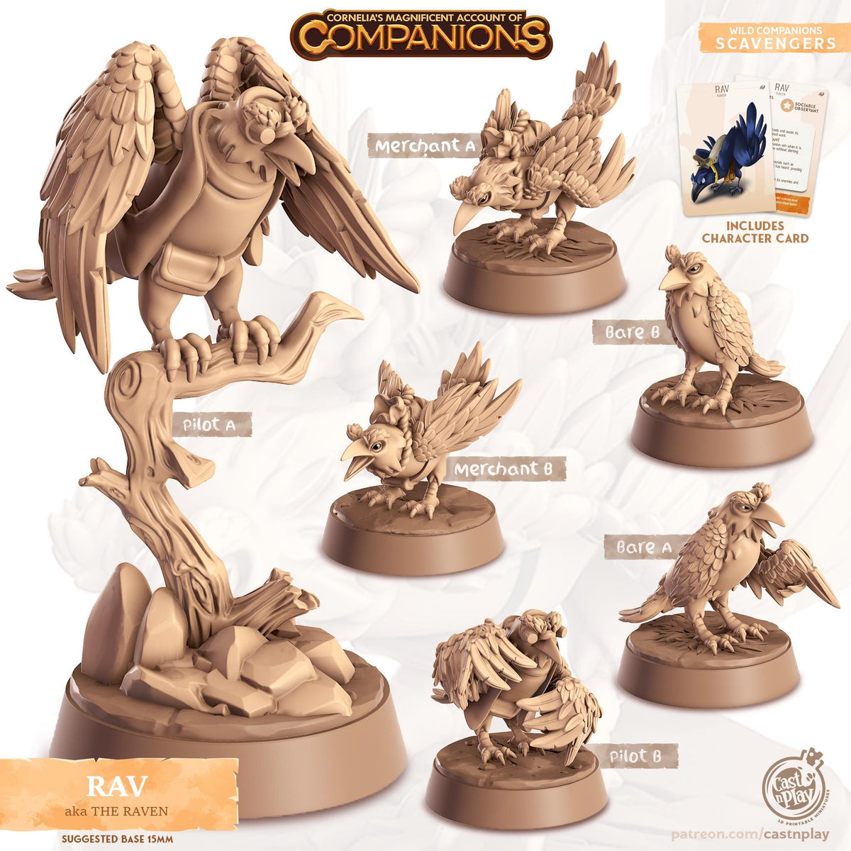 Raven Bird Animal Companion Miniature - resin tabletop miniature front view