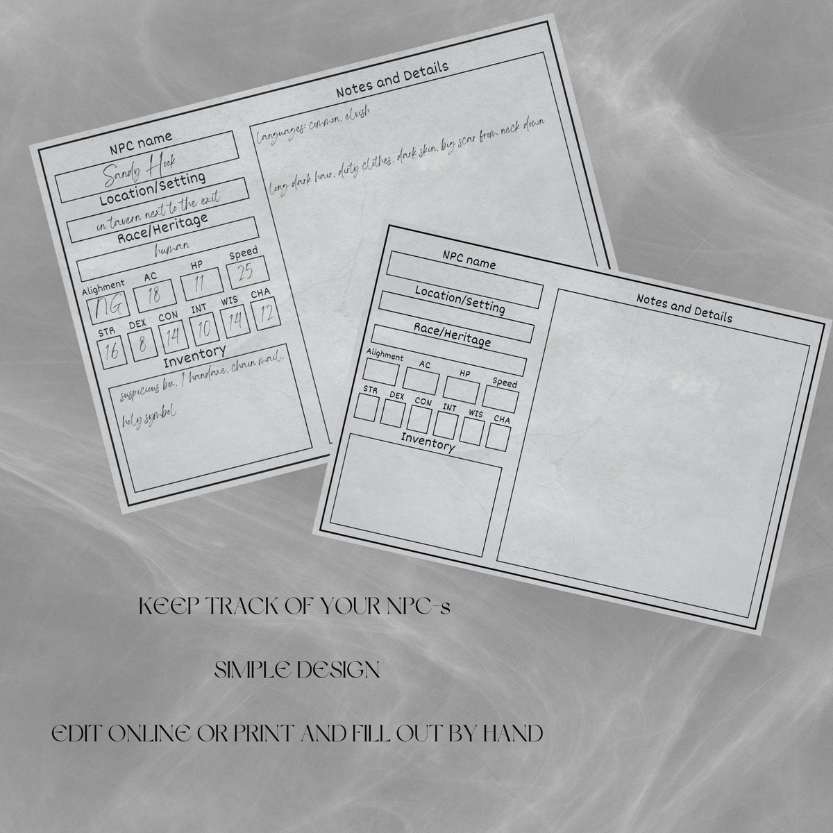 Fillable NPC Cards - printable tabletop RPG resource preview