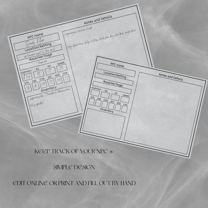 Fillable NPC Cards - printable tabletop RPG resource preview