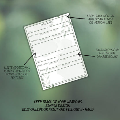 Attack Roll Sheet - printable tabletop RPG resource preview
