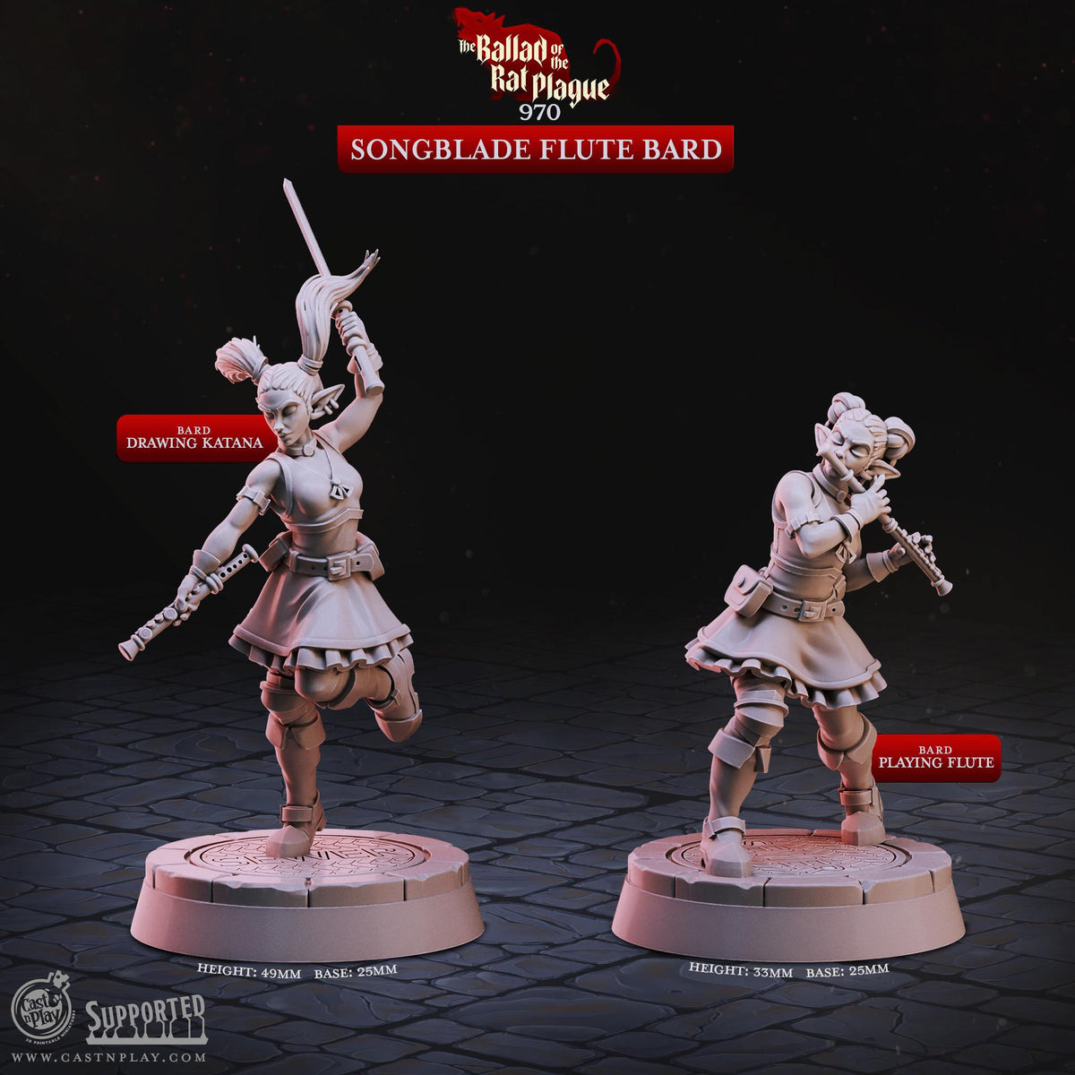 Songblade Flute Bard sculptor size reference: Drawing Katana 49 mm and Playing Flute 33 mm, both with 25 mm bases