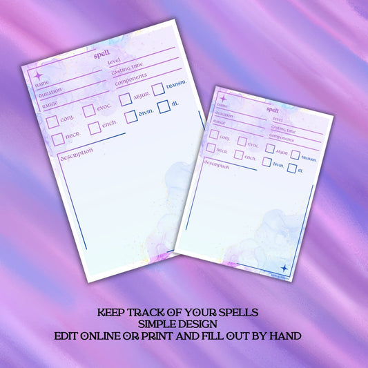Spell Card - printable tabletop RPG resource preview