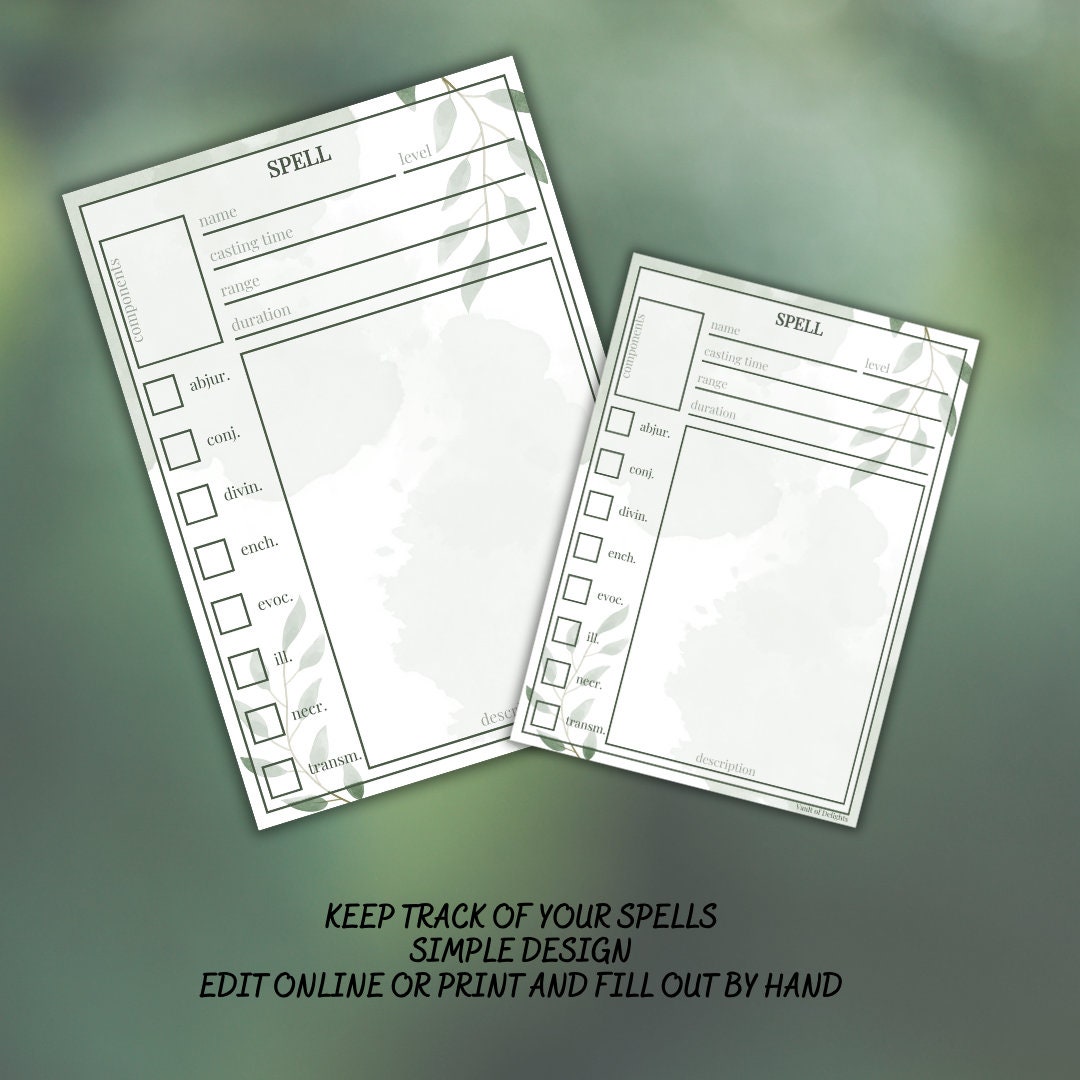 Spell Card - printable tabletop RPG resource preview