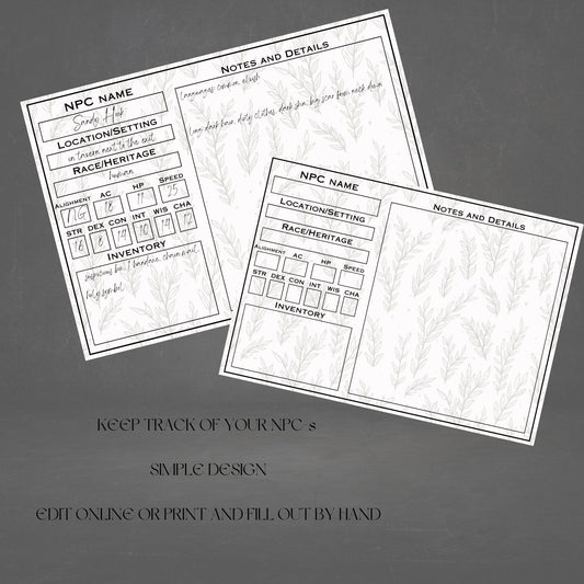 Fillable NPC Cards - printable tabletop RPG resource preview