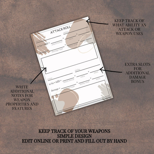 Attack Roll Sheet - printable tabletop RPG resource preview