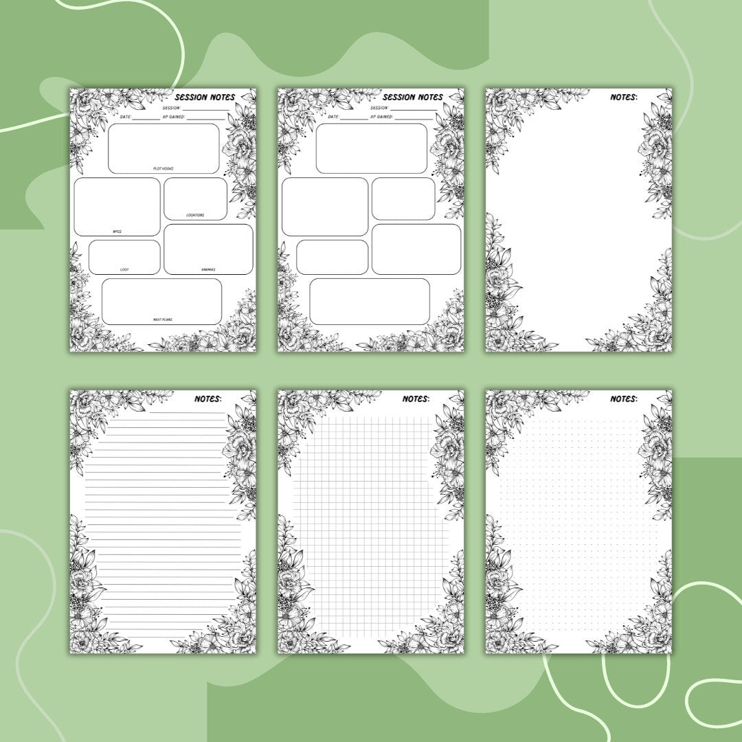 Session Notes - printable tabletop RPG resource preview