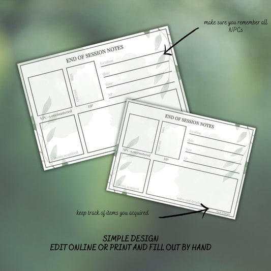 End of Session Notes - printable tabletop RPG resource preview