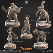 Orcs, Tieflings and a Human Townsfolk Miniature Set - resin tabletop miniature front view