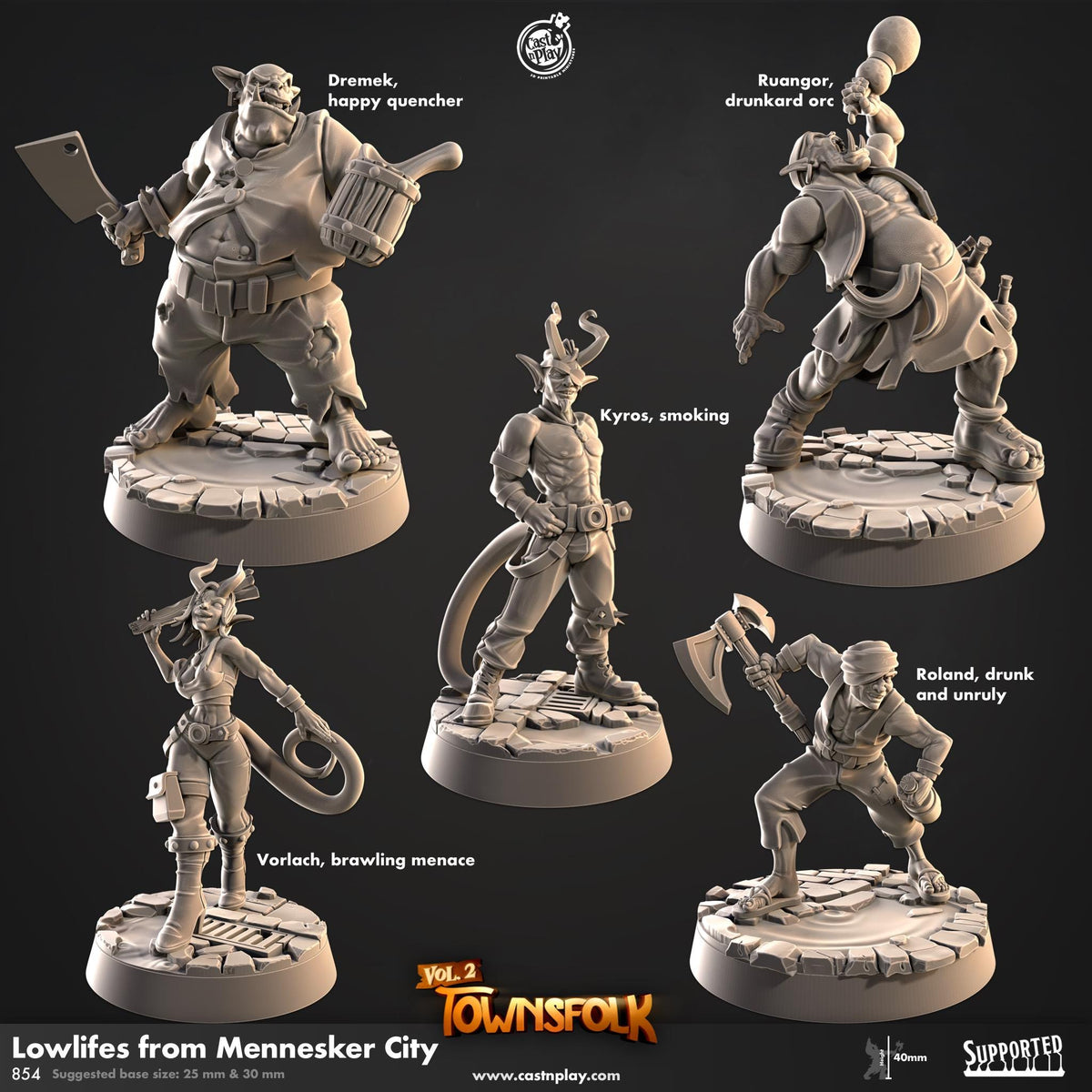 Orcs, Tieflings and a Human Townsfolk Miniature Set - resin tabletop miniature front view
