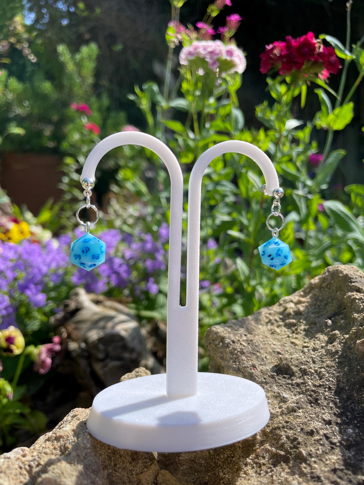Blue D20 Dice Earrings - 3D printed miniature detail view