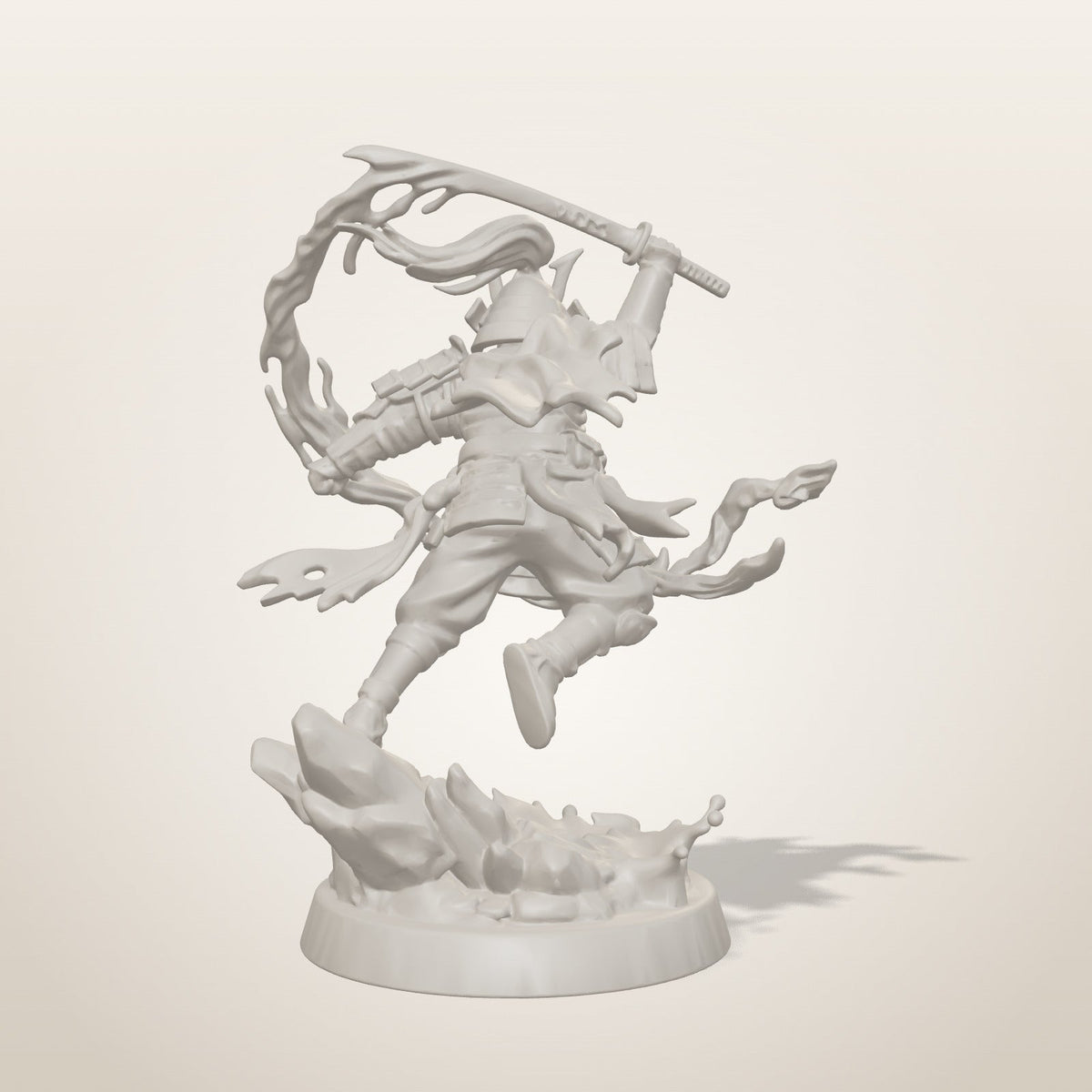 Blood Samurai miniature — rear studio render of the unpainted sculpt, Late Night Miniatures