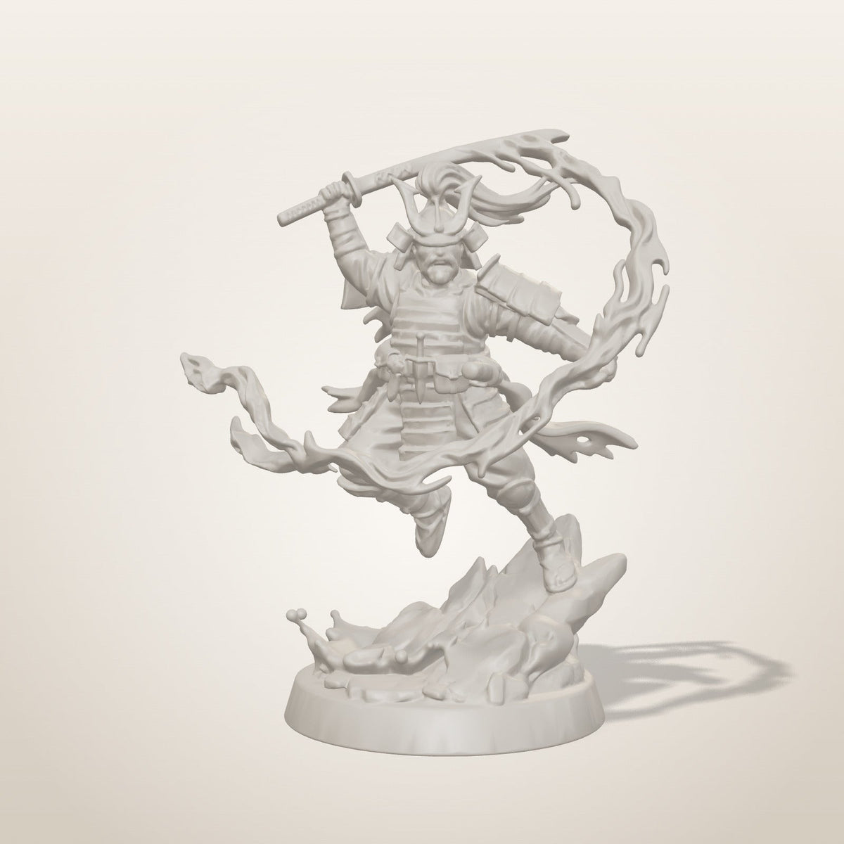Blood Samurai miniature — front studio render of the unpainted sculpt, Late Night Miniatures