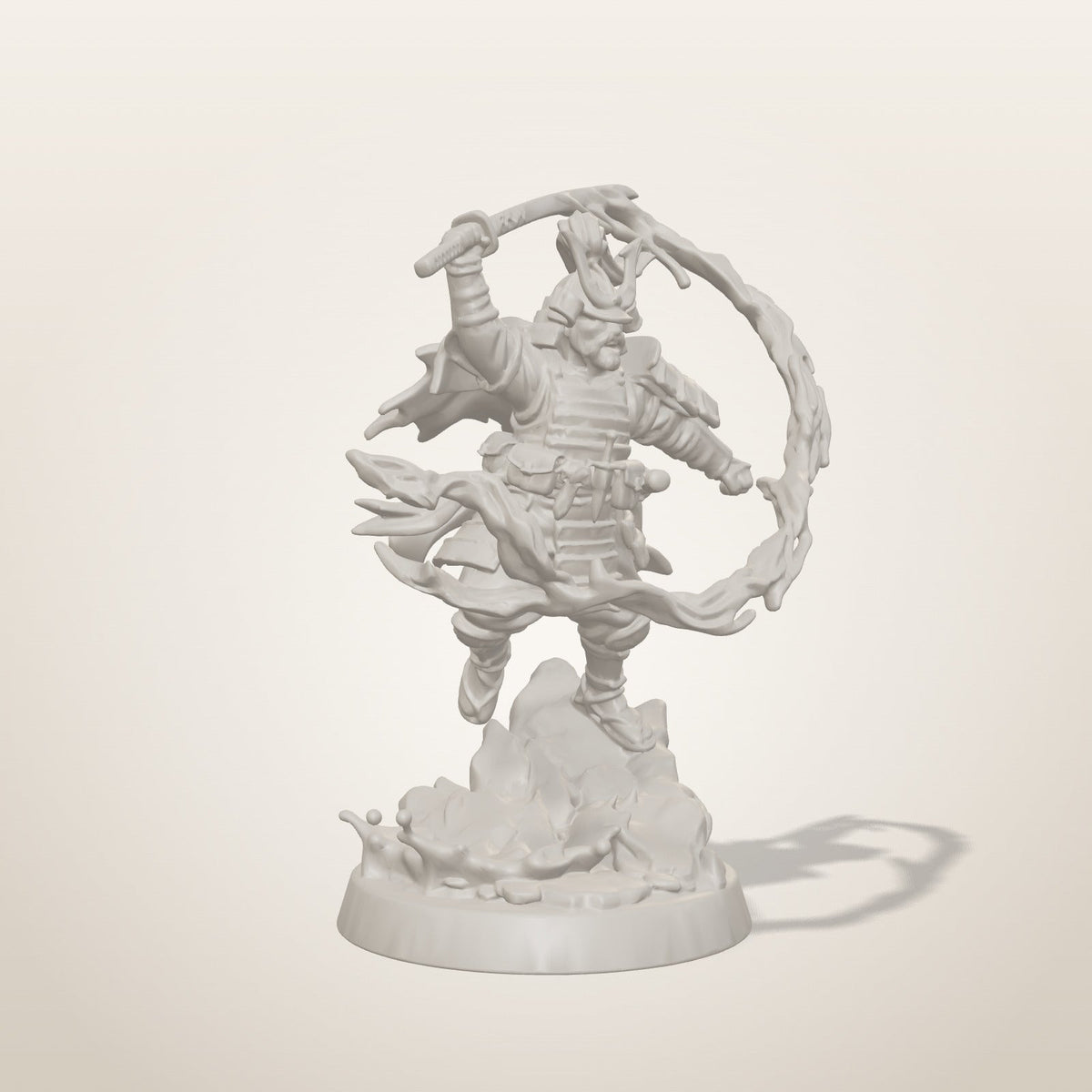 Blood Samurai miniature — three-quarter studio render of the unpainted sculpt, Late Night Miniatures