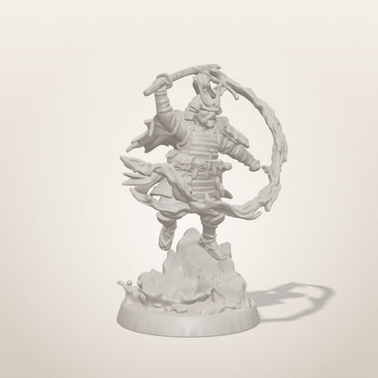 Blood Samurai miniature — three-quarter studio render of the unpainted sculpt, Late Night Miniatures