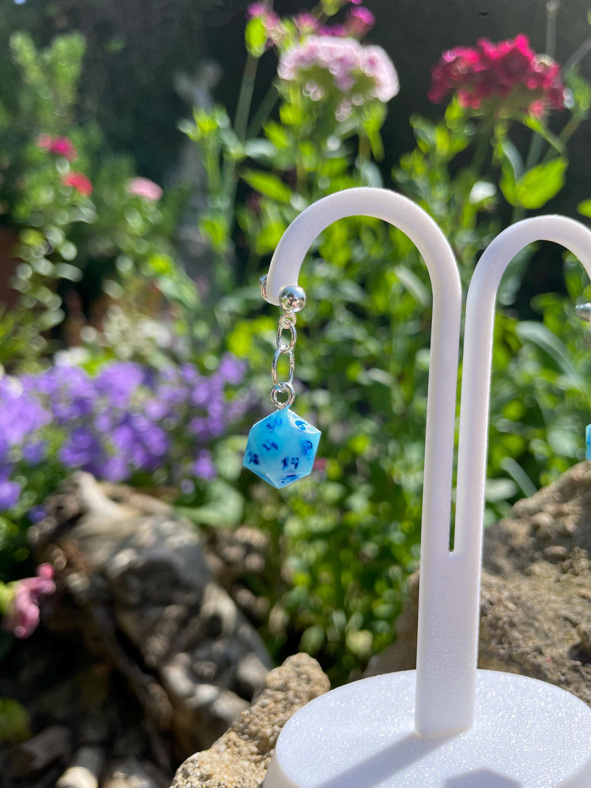 Blue D20 Dice Earrings - resin tabletop miniature alternate angle