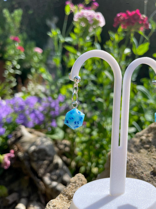 Blue D20 Dice Earrings - resin tabletop miniature alternate angle