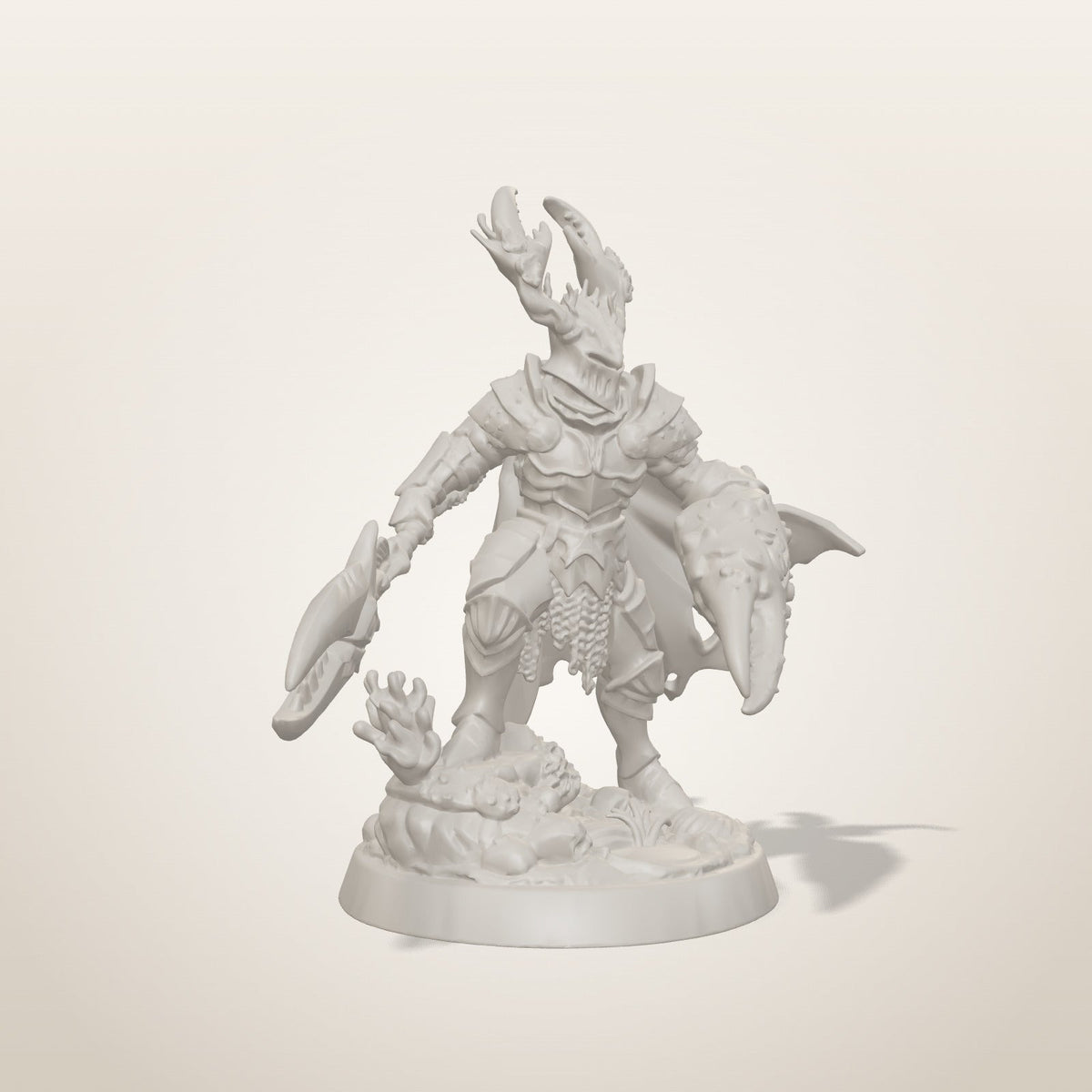 Crab Knight miniature — three-quarter studio render of the unpainted sculpt, Late Night Miniatures