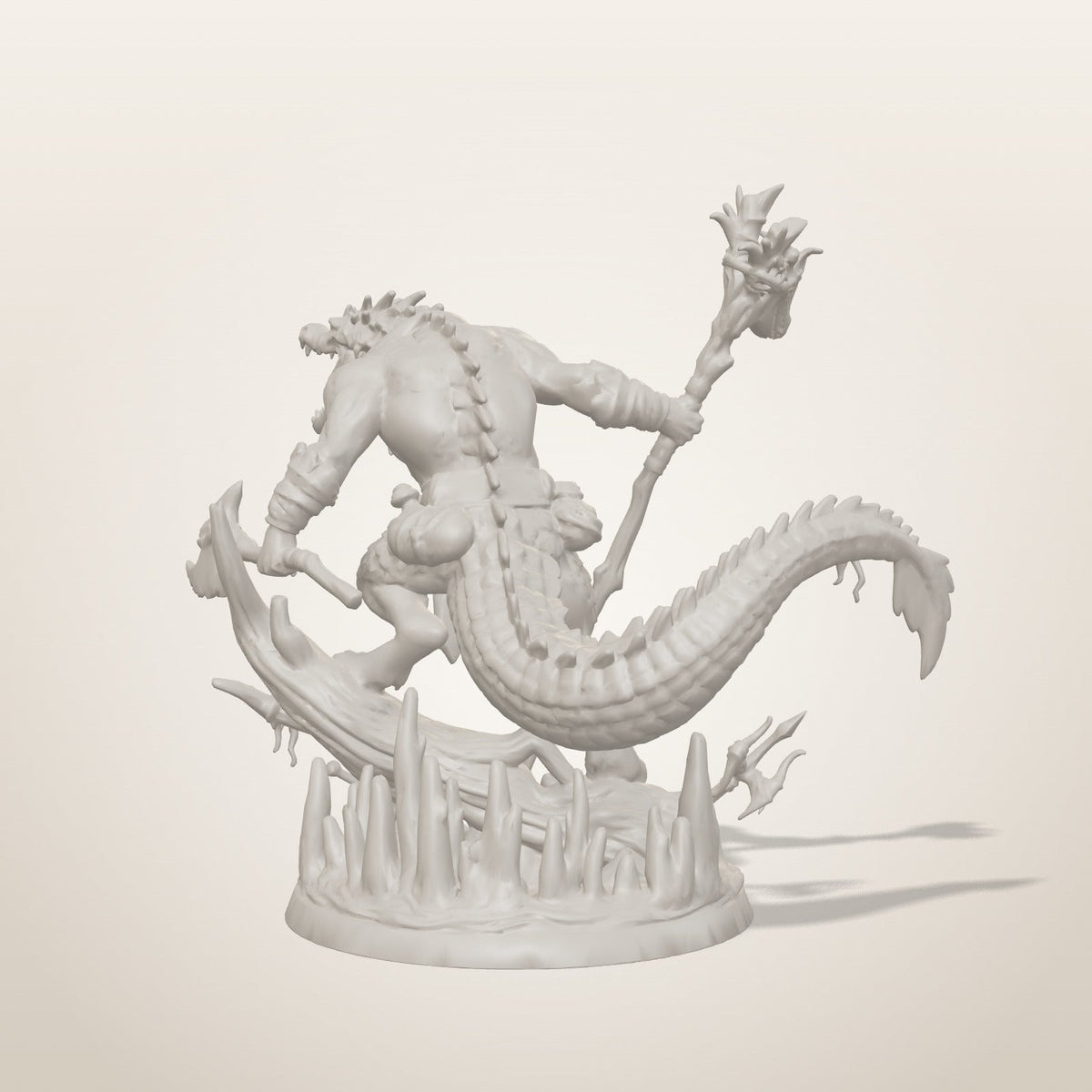 Croc Shaman miniature — rear studio render of the unpainted sculpt, Late Night Miniatures