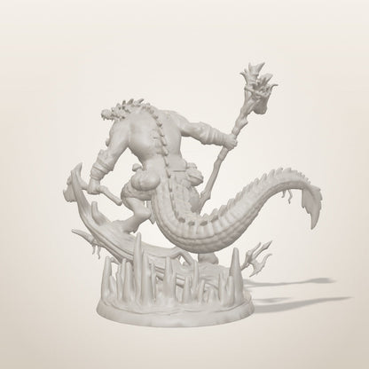 Croc Shaman miniature — rear studio render of the unpainted sculpt, Late Night Miniatures