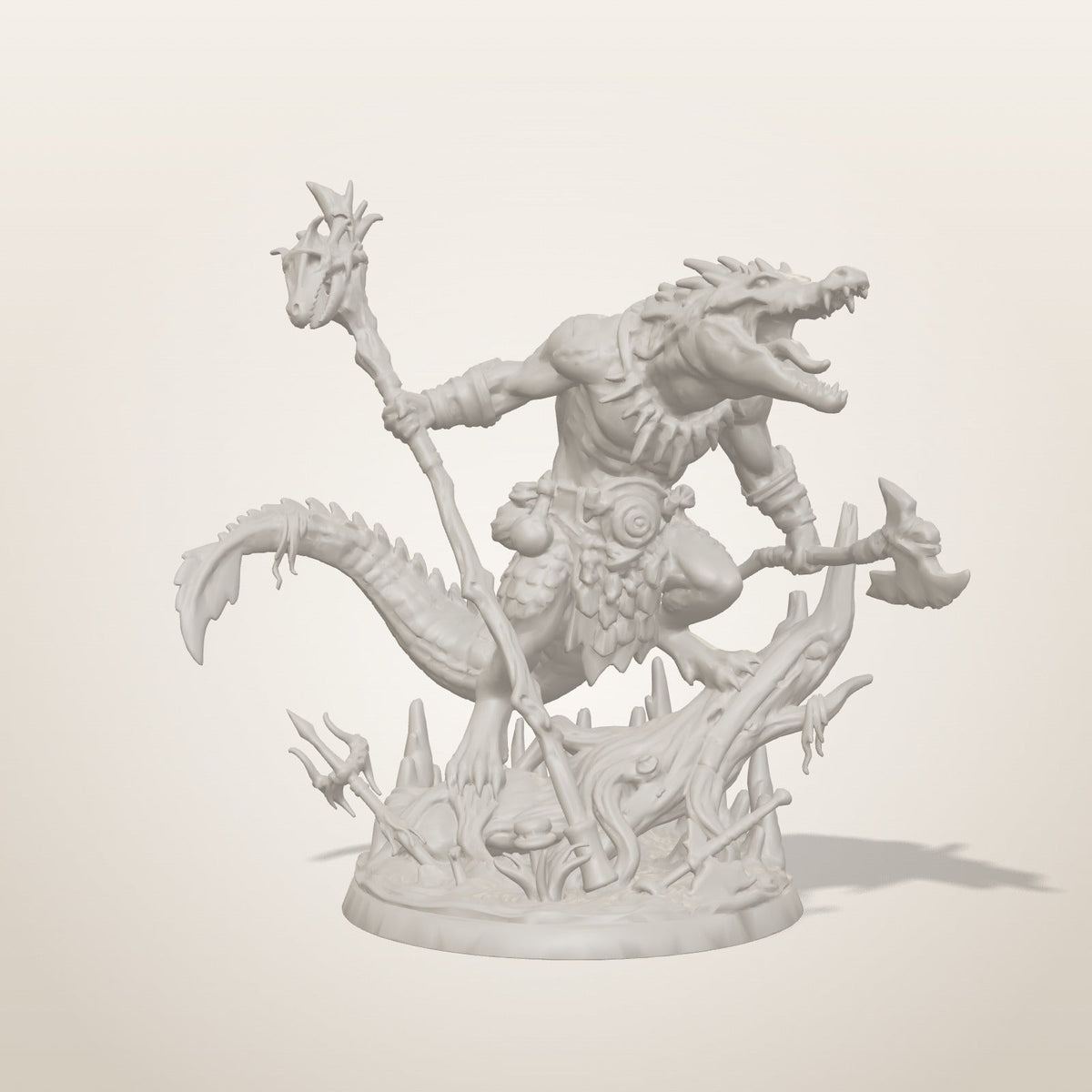 Croc Shaman miniature — front studio render of the unpainted sculpt, Late Night Miniatures